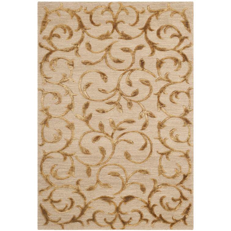 Elegant Gold Geometric 4' x 6' Hand-Knotted Wool and Silk Rug