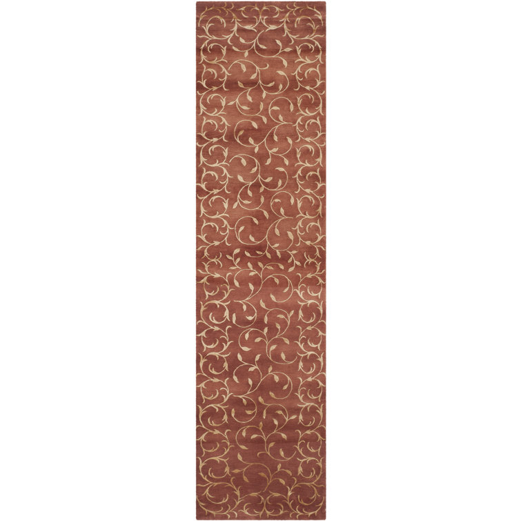 Hand-Knotted Red Wool and Silk Floral Runner Rug