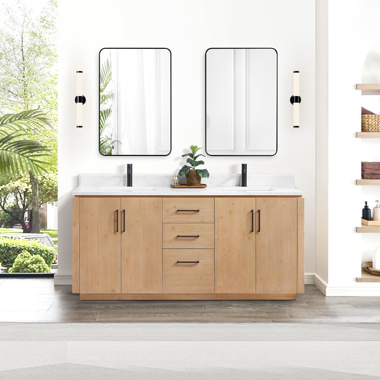 San 72'' Light Brown Wood Double Sink Vanity with White Ceramic Countertop