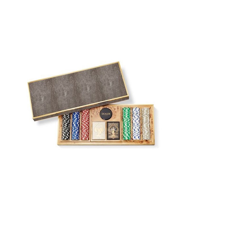 Luxurious Chocolate Faux Shagreen Poker Set with Brass Accents