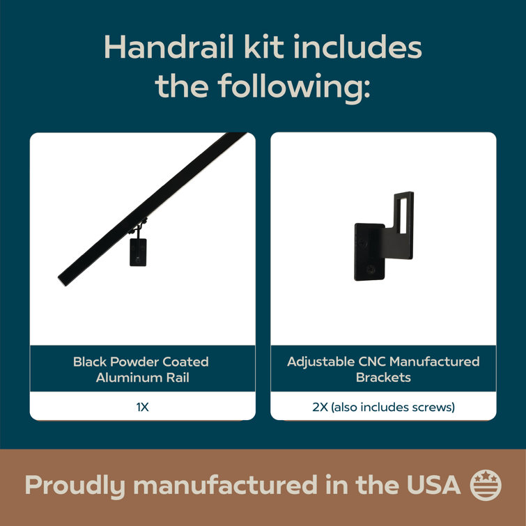 Modern Black Aluminum Handrail Kit with Adjustable Steel Brackets, 6 Feet