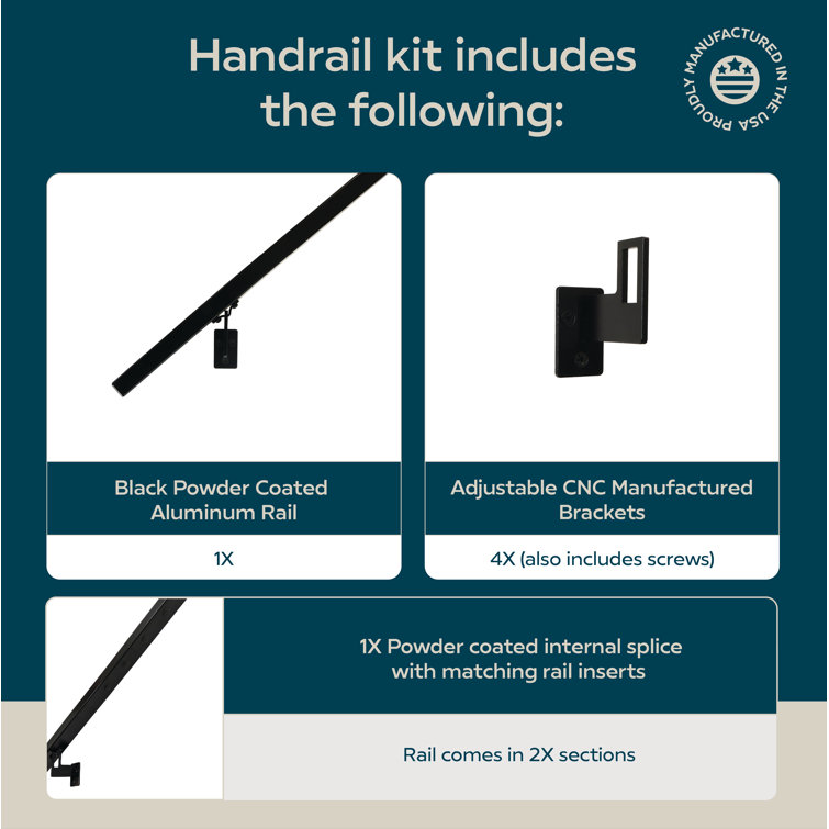 Modern Black Aluminum Handrail Kit with Adjustable Steel Brackets, 12' W