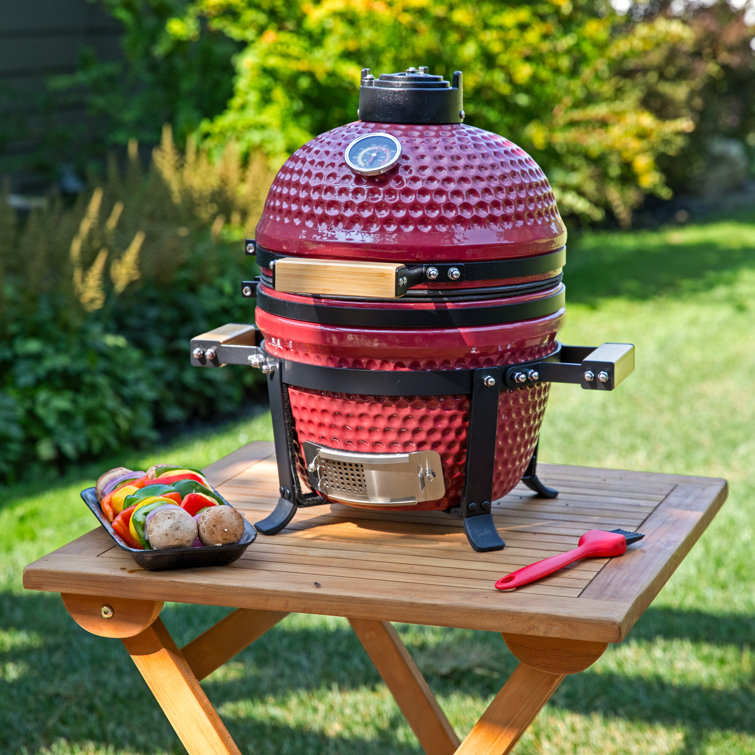 Red Ceramic Tabletop Kamado Charcoal Grill with Smoker