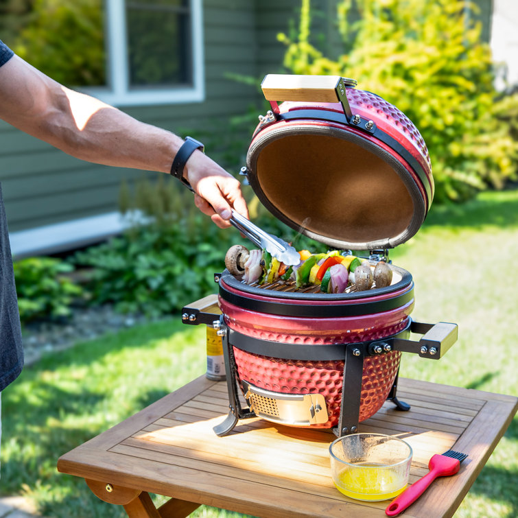 Red Ceramic Tabletop Kamado Charcoal Grill with Smoker