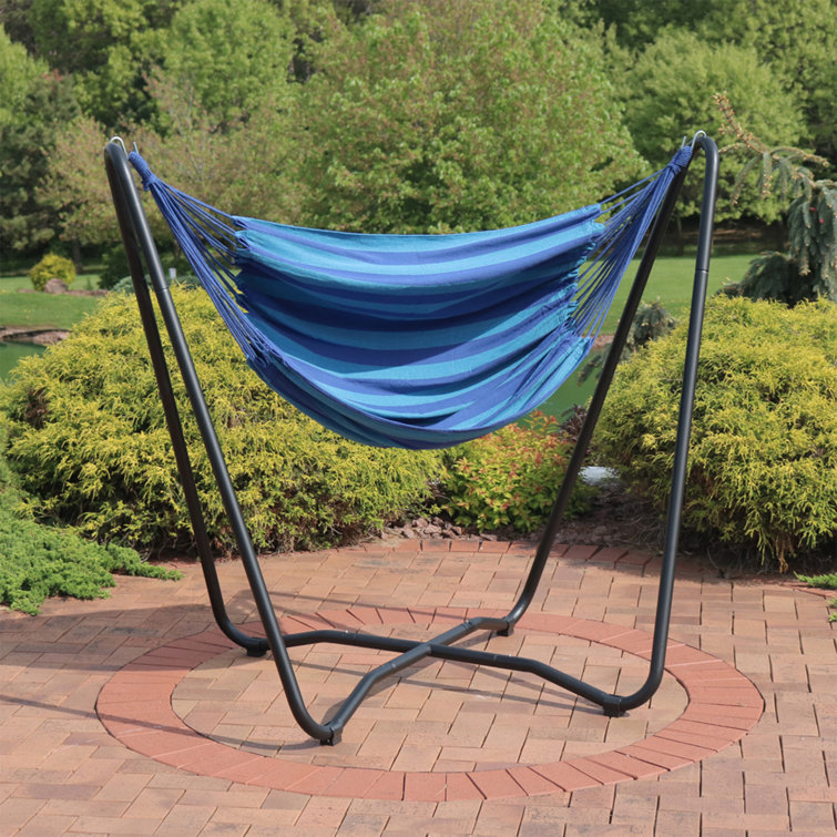 Blue Cotton Hanging Hammock Chair with Black Steel Stand