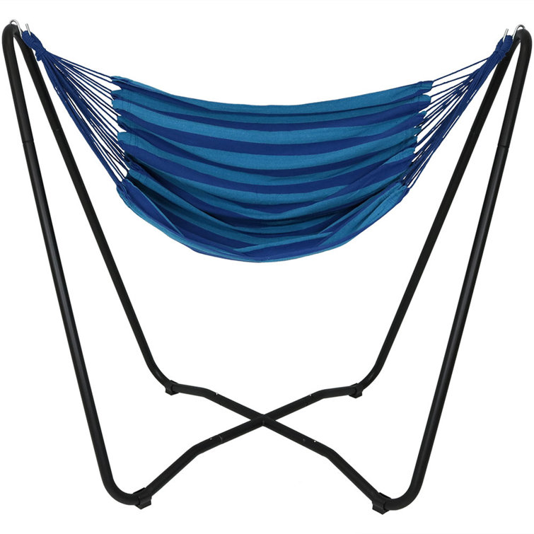 Blue Cotton Hanging Hammock Chair with Black Steel Stand