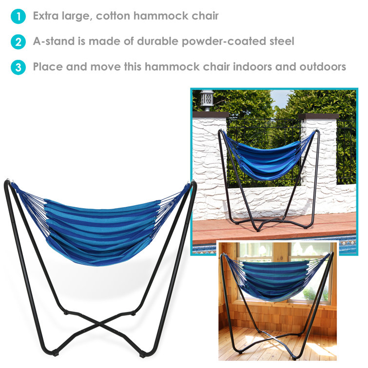 Blue Cotton Hanging Hammock Chair with Black Steel Stand