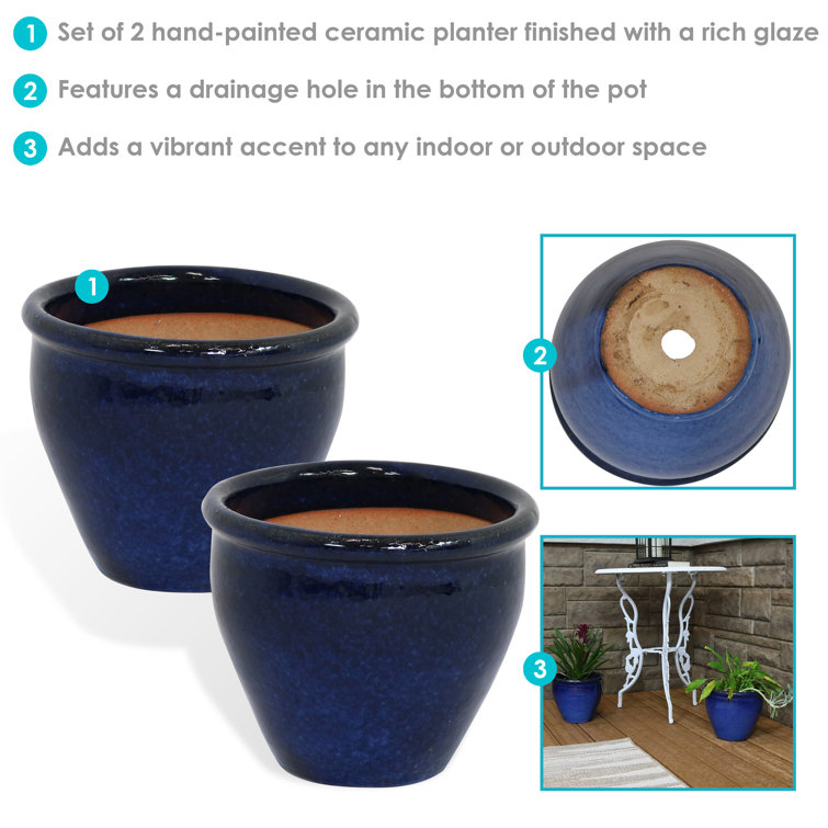 Imperial Blue Glazed Ceramic Indoor/Outdoor Planter Set, 9-Inch