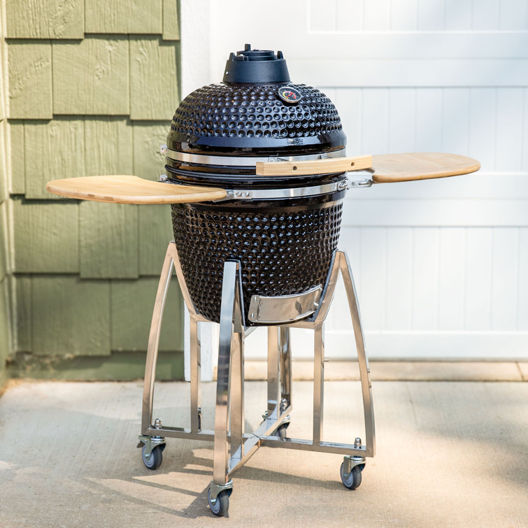 Black Ceramic Kamado Grill with Smoker and Bamboo Side Tables
