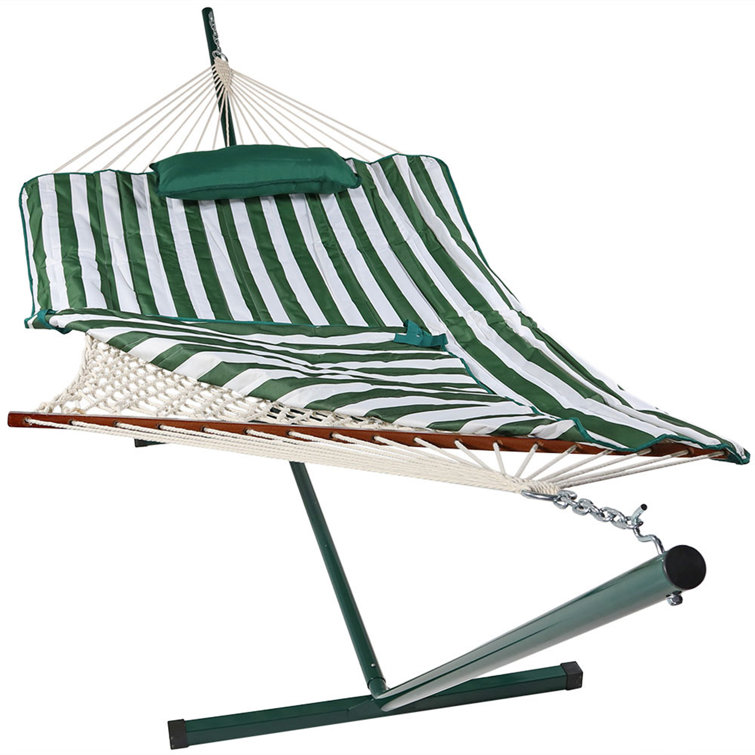 Green and White Stripe Cotton Rope Hammock with Steel Stand