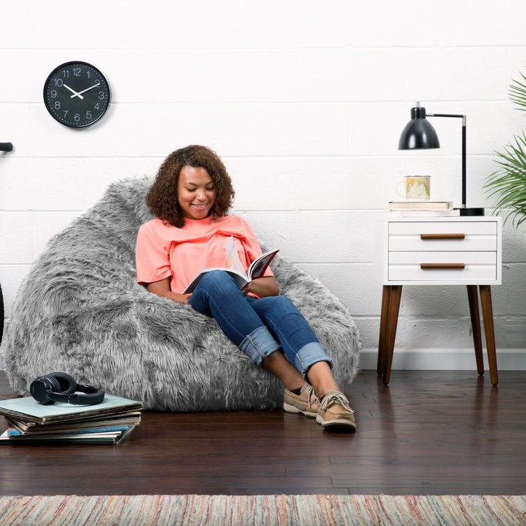 Gray Shag Teardrop Bean Bag Chair with Removable Cover