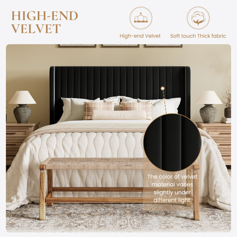 Elegant Velvet Queen Bed with Tufted Wingback Headboard and Metal Frame