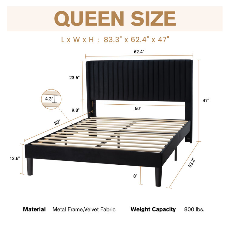 Elegant Velvet Queen Bed with Tufted Wingback Headboard and Metal Frame