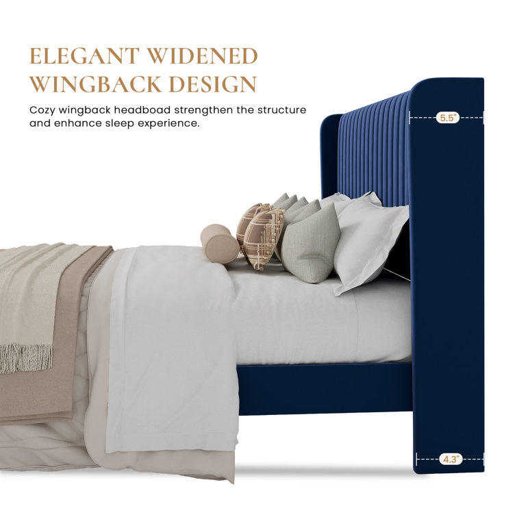 Elegant Navy Blue Velvet Queen Bed with Tufted Wingback Headboard