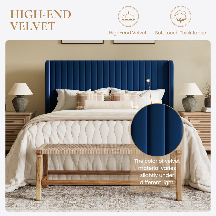 Elegant Navy Blue Velvet Queen Bed with Tufted Wingback Headboard