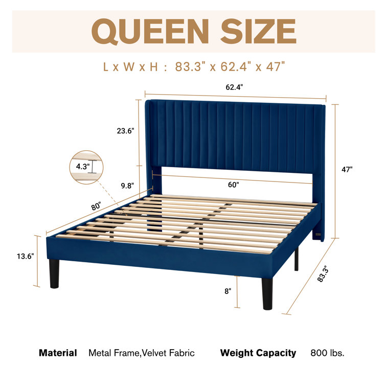 Elegant Navy Blue Velvet Queen Bed with Tufted Wingback Headboard