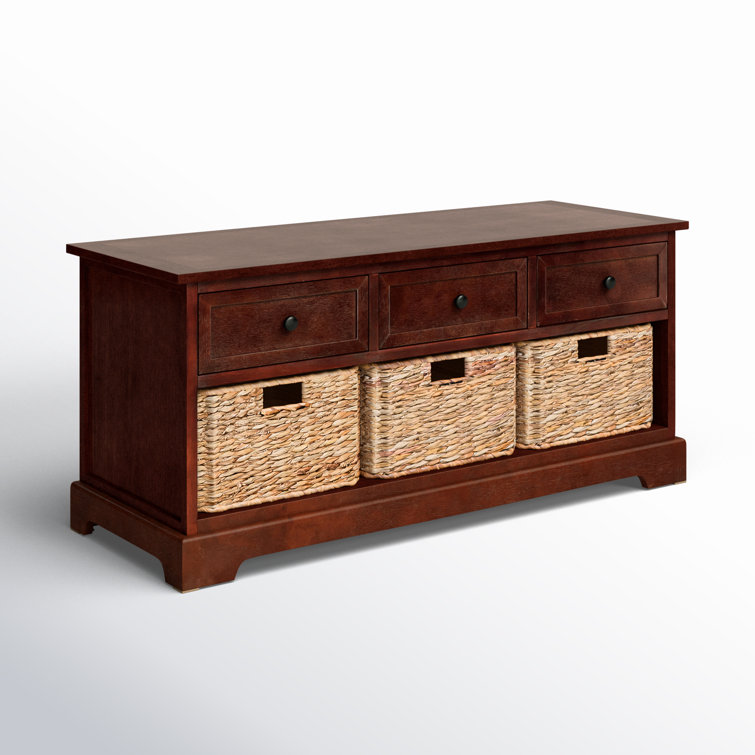 Transitional Damien Dark Cherry Pine Storage Bench with Wicker Baskets