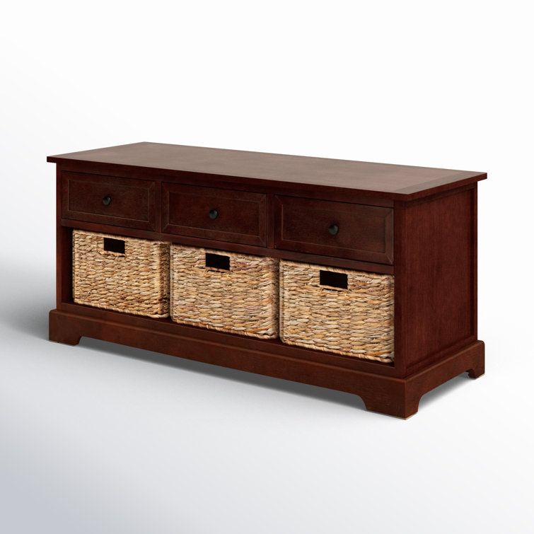 Transitional Damien Dark Cherry Pine Storage Bench with Wicker Baskets