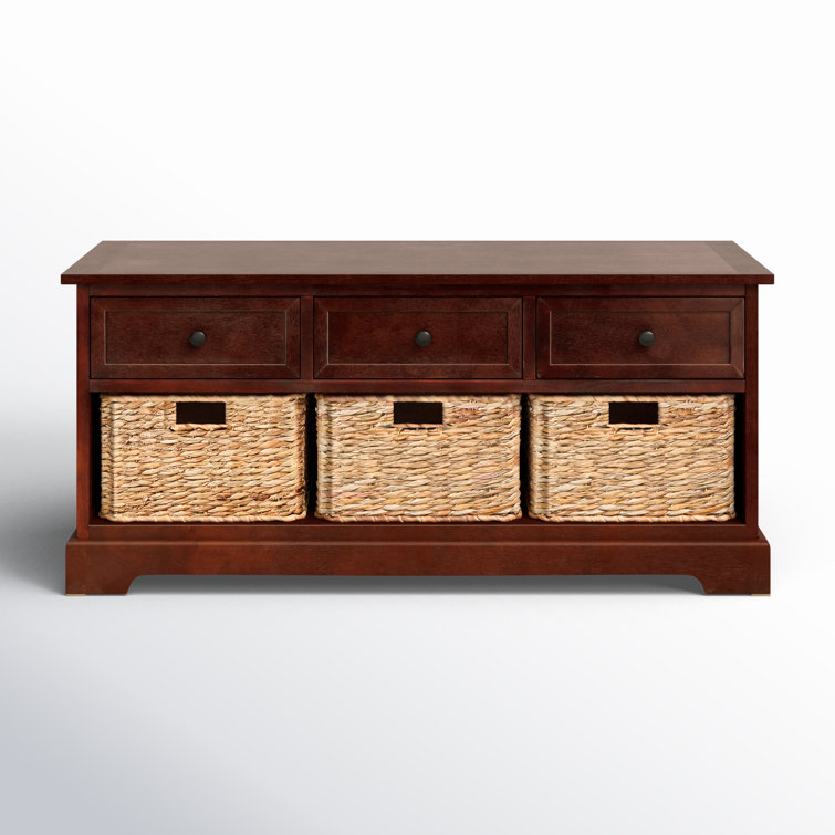Transitional Damien Dark Cherry Pine Storage Bench with Wicker Baskets