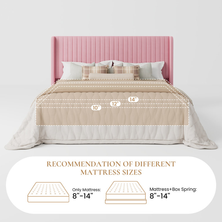 Elegant Pink Velvet Queen Bed with Tufted Wingback Headboard