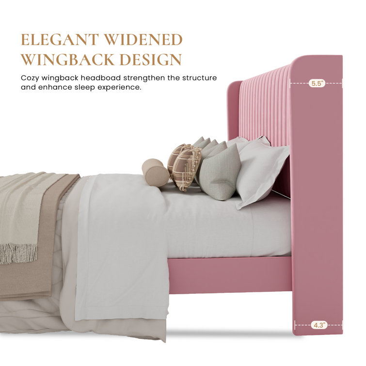 Elegant Pink Velvet Queen Bed with Tufted Wingback Headboard