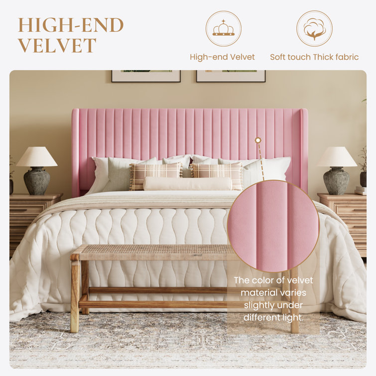 Elegant Pink Velvet Queen Bed with Tufted Wingback Headboard