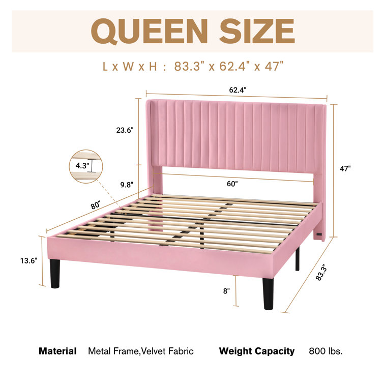 Elegant Pink Velvet Queen Bed with Tufted Wingback Headboard
