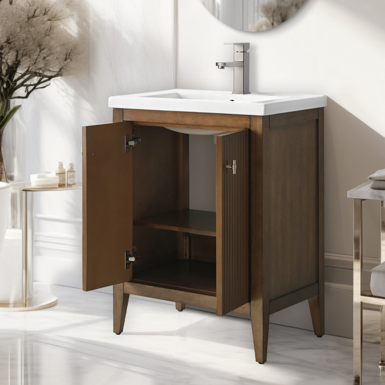 Walnut and White Ceramic Single Sink Bathroom Vanity Cabinet