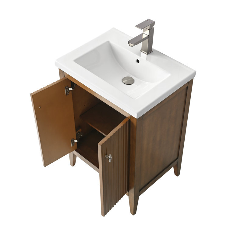 Walnut and White Ceramic Single Sink Bathroom Vanity Cabinet