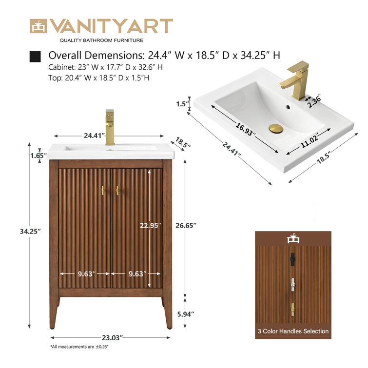 Walnut and White Ceramic Single Sink Bathroom Vanity Cabinet