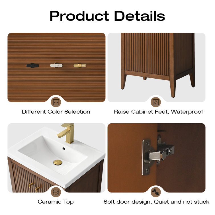 Walnut and White Ceramic Single Sink Bathroom Vanity Cabinet