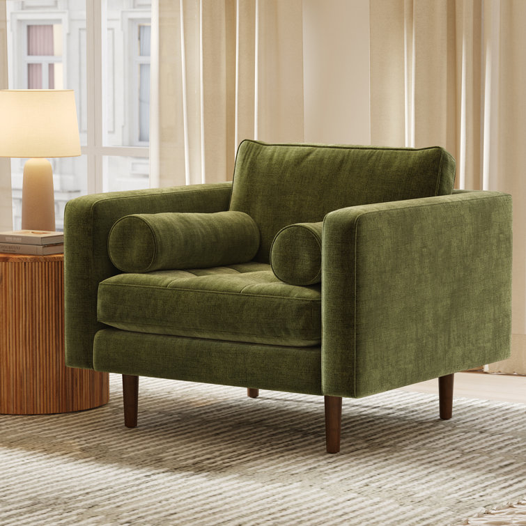 Napa 42" Distressed Green Velvet Armchair with Walnut Wood Legs