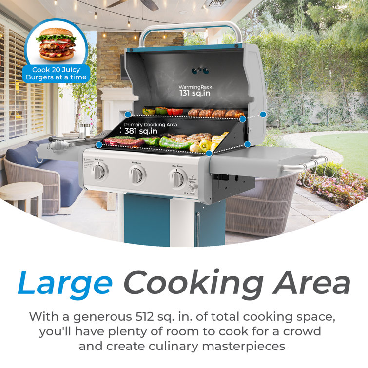 Kenmore Teal 3-Burner Propane Gas Grill with Foldable Side Tables