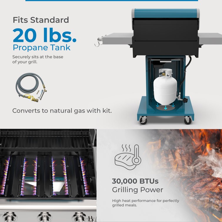 Kenmore Teal 3-Burner Propane Gas Grill with Foldable Side Tables