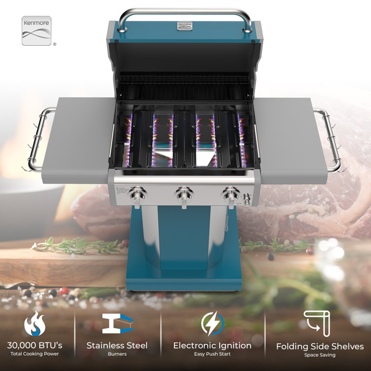 Kenmore Teal 3-Burner Propane Gas Grill with Foldable Side Tables