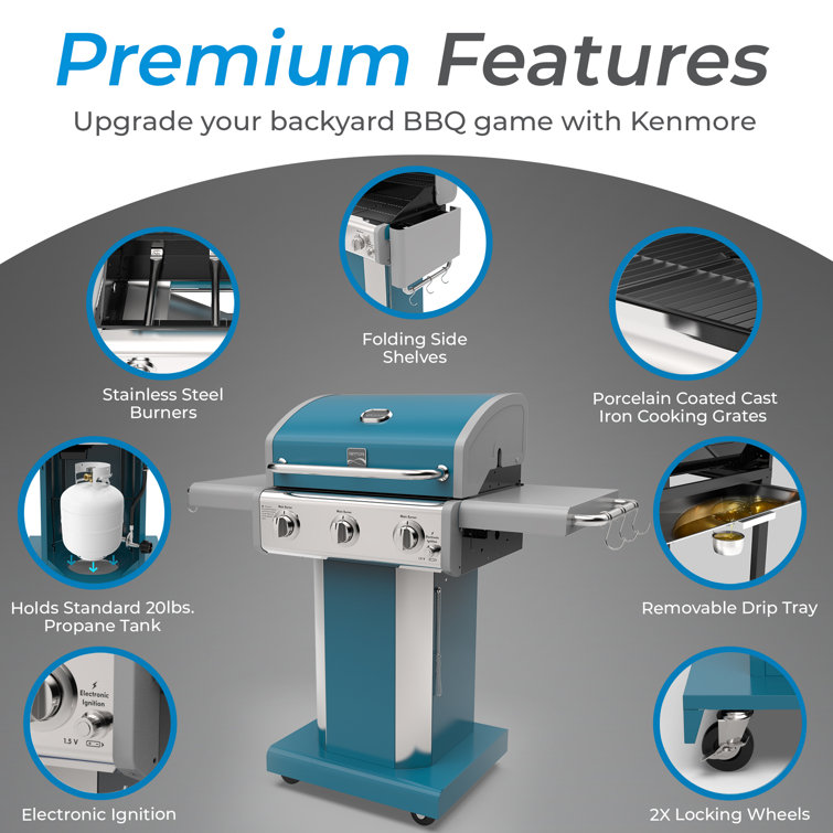 Kenmore Teal 3-Burner Propane Gas Grill with Foldable Side Tables
