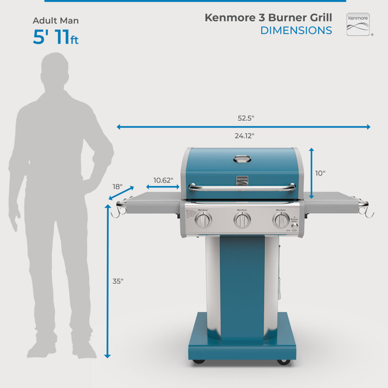 Kenmore Teal 3-Burner Propane Gas Grill with Foldable Side Tables