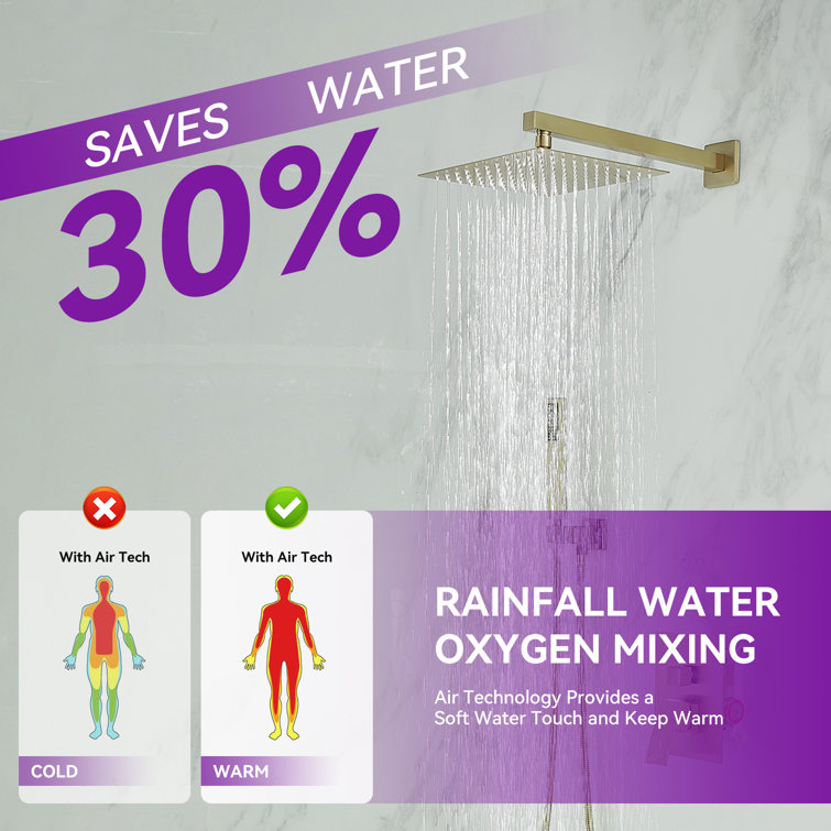 Brushed Gold Stainless Steel Wall Mounted Rain Shower System