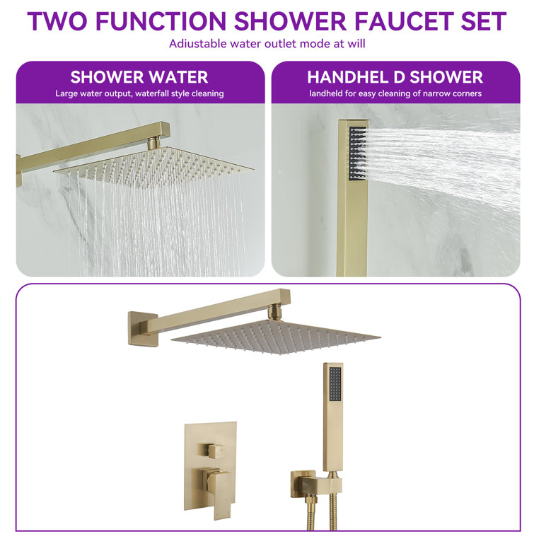 Brushed Gold Stainless Steel Wall Mounted Rain Shower System