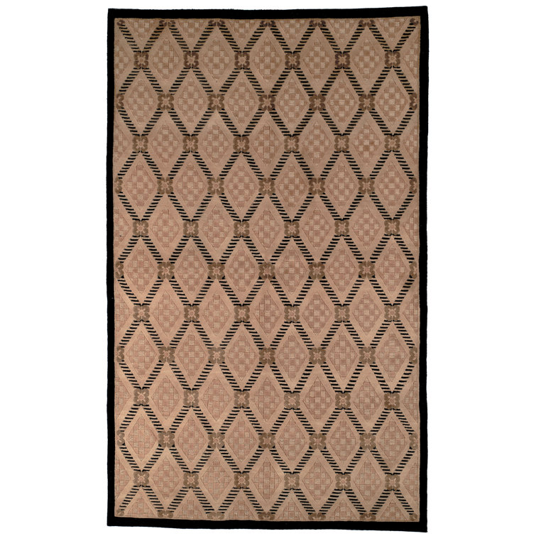 Hand-Knotted Black and Beige Geometric Wool Silk Rug