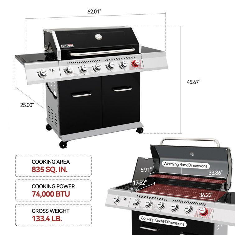 Royal Gourmet Black 6-Burner Propane Gas Grill with Side Burner