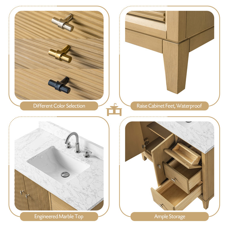 Natural Oak Single Bathroom Vanity with Golden Brushed Hardware