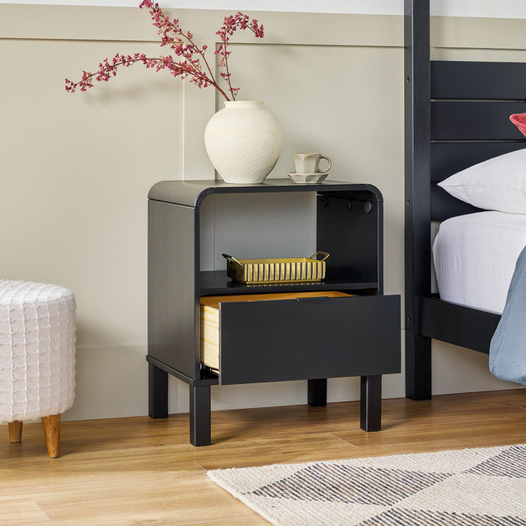 Curved-Top Solid Pine 1-Drawer Nightstand in Black