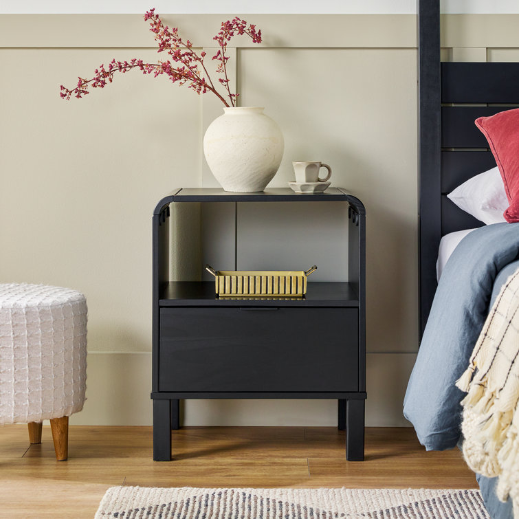 Curved-Top Solid Pine 1-Drawer Nightstand in Black