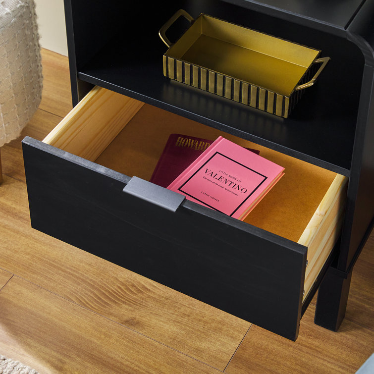 Curved-Top Solid Pine 1-Drawer Nightstand in Black