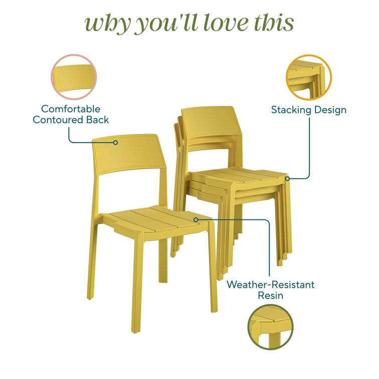 Bright Yellow Resin Armless Stacking Dining Chairs, 4-Pack
