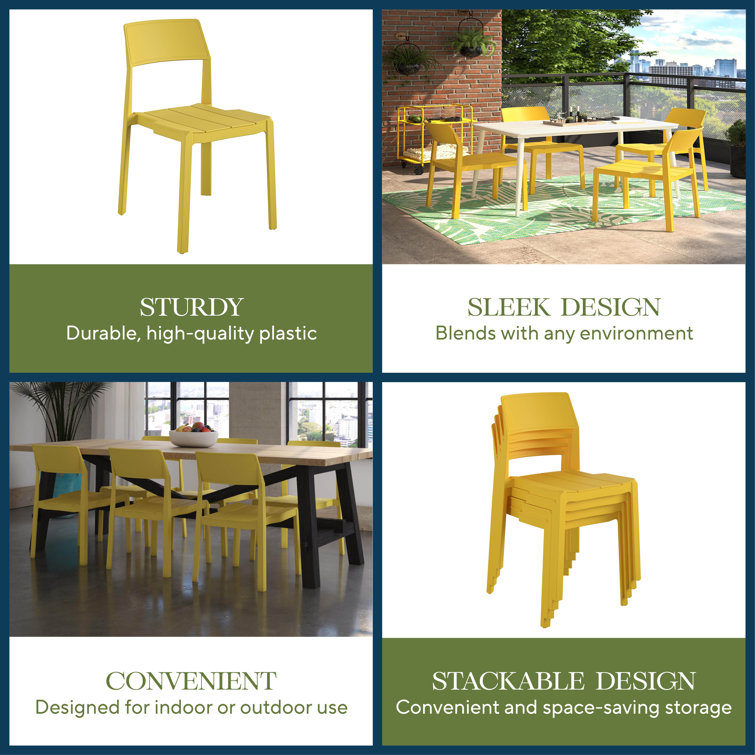 Bright Yellow Resin Armless Stacking Dining Chairs, 4-Pack