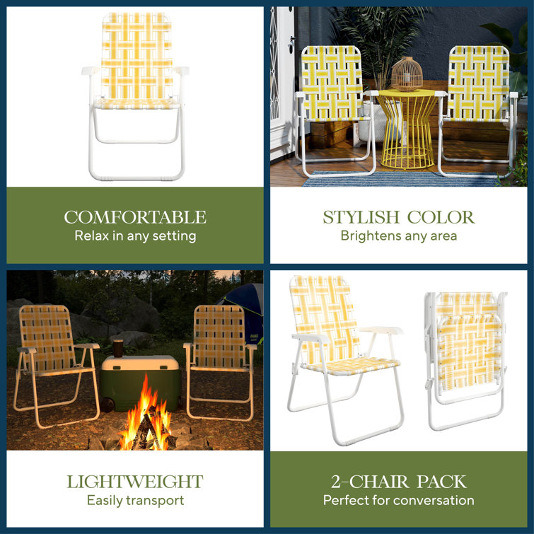 Yellow and White Folding Patio Chairs with Steel Frame, Set of 2