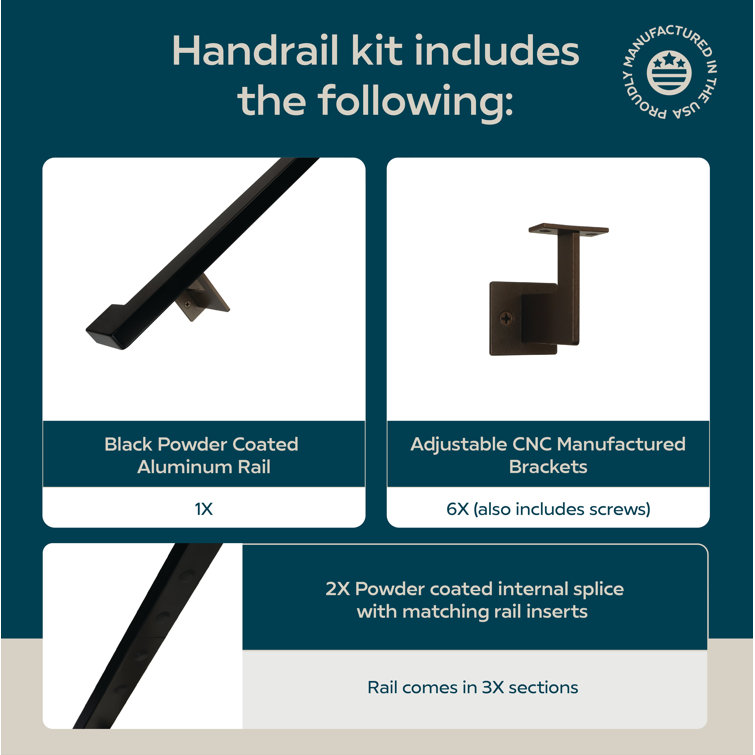 14 Foot Black Powder Coated Aluminum Handrail Kit with Steel Brackets