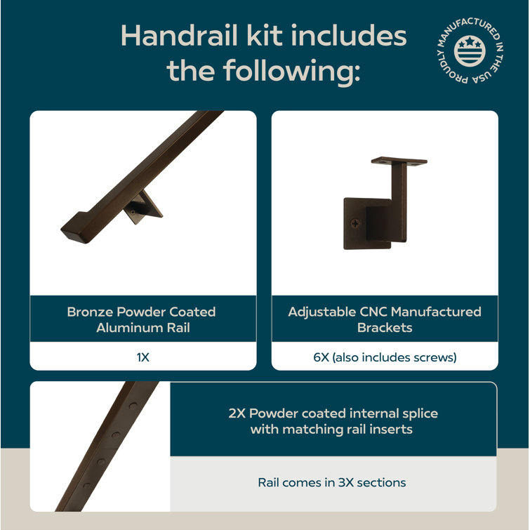 14 Foot Black Powder Coated Aluminum Handrail Kit with Steel Brackets